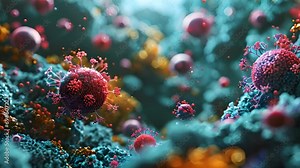 Virus, bacteria, fungi medical 3D background. Coronavirus covid-19 disease epidemic strains. Omicron, rhinovirus, HPV infection, HIV, adenovirus, influenza illness virus cells, antibody, bacteriophage