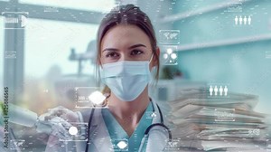 Doctor using robotic assistant and viewing digital health records, in a futuristic medical setting Stock Video