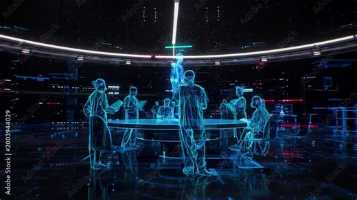 3D animation of future AI medicine: physicians analyze conditions via patient body models, microscope exams, and holograms. Holographic images enable collaborative diagnosis.