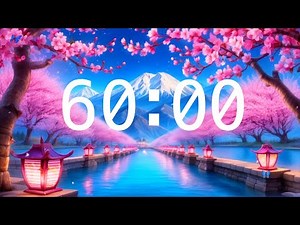 60 Minute Countdown Timer with Alarm | Cherry Blossoms and a River with Lanterns | Relaxing Music