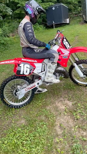Carson Brown on Instagram: "Been working on this @motosportinc CR125 for a while. It’s a combination of mid 90’s CR125 parts. Definitely had to run the @doug19henry graphics since he is one of the best dudes to ever ride a dirt bike. Riding all these old bikes, the 90’s motocross era seemed like the best bikes and racing! Wish I was around back then haha. What is everyone’s favorite era of moto? @motosportinc @duanebrown_bbr @bbrmotorsports @ridedunlop @dirtbikemag 🎥: @claire.parker916 #CR125 #