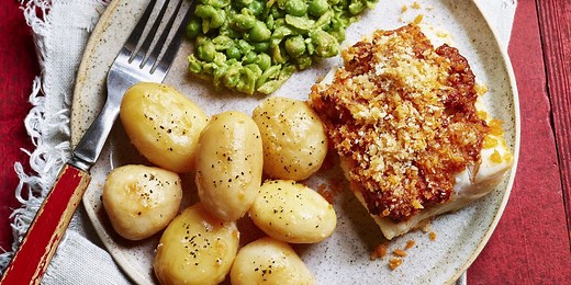 Cheat's baked red pesto cod recipe with crushed peas