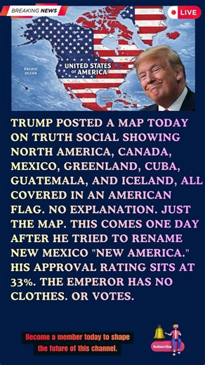 Trump Posts US Flag Map Over Canada, Mexico, Greenland as Approval Hits 33%