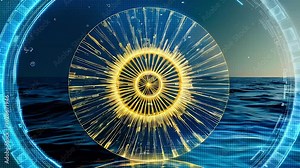 Abstract futuristic sun shining through a blue digital portal over a deep blue water surface. Stock Video