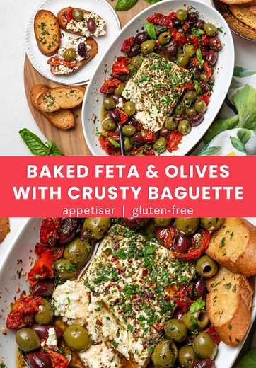 Tuck into this BAKED FETA AND OLIVES with GF CRUSTY BAGUETTE INGREDIENTS Baked Olives and Feta: 250g block Greek feta 200g (1 cup) pitted kalamata olives 200g (1 cup) pitted green olives 150g (1 cup) semi sun-dried tomato strips, drained 3 fresh garlic cloves, finely chopped or grated ¼ cup extra virgin olive oil ½ teaspoon dried oregano ½ teaspoon dried basil ½ teaspoon dried thyme Freshly ground pepper To garnish (optional): Fresh parsley, finely chopped Basil leaves Chilli flakes (optional) L