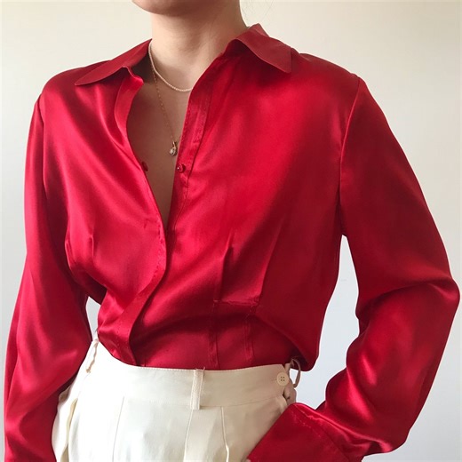 Vintage Silk Shirt Silk Blouse Silk Top Charmeuse Metallic Satin Retro Style Minimalist Capsule Wardrobe Button Down Shirt Red Size M - Etsy