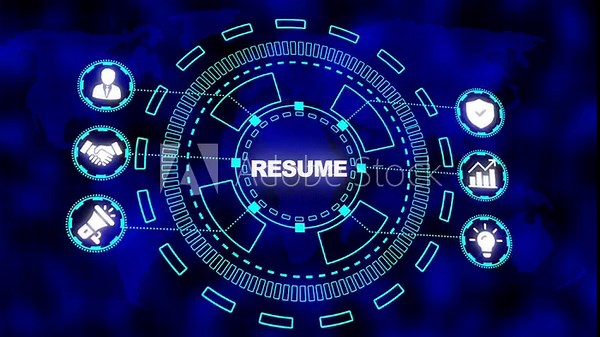 Digital Resume Network Hub with World Map Background and Business Icons curriculum vitae job application Stock Video