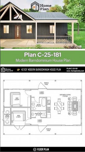 2-Bedroom Modern Barndominium Plans | 45x31 DIY Farmhouse Blueprints #blueprint #interiordesign