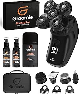 Groomie Crispy AF, Shaving & Grooming Kit for Bald Men - Set Includes BaldiePro Electric Razor, Pre-Shave Oil, Aftershave, Deodorant & Travel Carrying Case - All-in-One Head Shaver Kits for Men