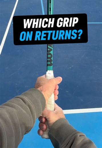 A good return starts with the right grip, but everyone might feel differently about them ⬇️ 🎾 Most Common: Forehand Grip (bottom) and Backhand Grip (top) 👍🏻 Pros: - No need to change grip for forehand returns - Easy to switch the bottom grip with top hand for backhand returns 👎🏻 Cons: - More difficult to switch to continental grip for slices/lobs - Need to switch quickly on the backhand side, which is often targeted 🎾 Less Common: Continental Grip (bottom) and Backhand Grip (top): 👍🏻 Pro
