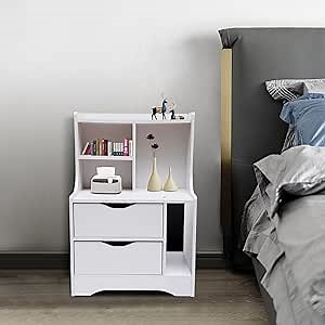 Modern Night Stand Smart Bed Side Table Nightstand Cabinet with 2 Drawers and Open Storage Space Night Stands for Bedrooms Room Storage Table End Table Cabinet White Versatile Table
