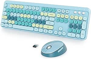 Fogruaden Blue Keyboard and Mouse Wireless, Retro Typewriter Keyboard, 2.4GHz 104 Keys Full Size Cute Keyboard with Number Pad, Blue Colorful Keyboard with Retro Round Keycaps for Windows PC Laptop