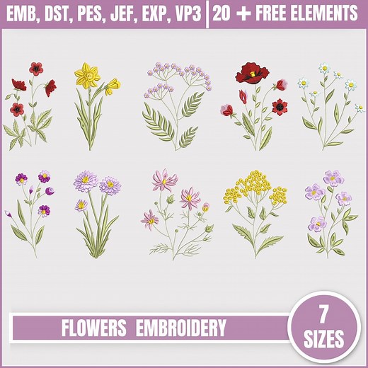 10 Flower Machine Embroidery Designs, Flowers Botanical Daffodil Poppy Wildflower Bundle Pattern Instant Download Zip - 7 Sizes - Etsy