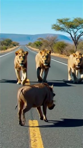 🐗🔥 Proud Wild Boar Challenges Lion on the Road Unbelievable Safari Standoff. #shorts #short