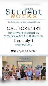 CALL FOR ENTRY . WAC’s annual Student Works exhibition features artwork created by WAC students 18 who enrolled in a class or workshop at WAC during the 2024-25 academic year. Works included are painting, drawing, sculpture, ceramics, stained glass, fiber, jewelry, photography, works on paper, and mixed media. Entries are accepted online thru July 1, 2025. Christine Clay serves as juror of awards. . . . #wayneartcenter #waynepa #student #studentshow #studentexhibition #exhibition #artcenter #wor