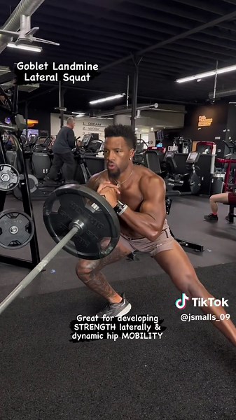 🔥LATERAL SQUATS🔥 😤Goblet Landmine Lateral Squat Lateral squats/lunges are great for developing strength in the frontal plane, as well as promoting some dynamic flexibility of the adductors - something we definitely don't get enough of with most traditional exercises. Additionally, these are great for developing the ability to ACCEPT (decelerate) and PRODUCE force laterally which is a key quality for athletes involved in sports requiring cutting and change of direction. The landmine variation 