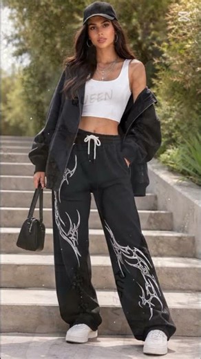 Crop top and sweatpants outfits🖤😍