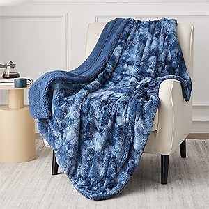 Bedsure GentleSoft Sherpa Fluffy Blanket Twin Size - Fleece Warm and Cozy Throw for Women Gift, Plush & Fuzzy Faux Fur Christmas Blanket for Couch, Bed Decor, Tie Dye Design, Indigo, 60x80 Inches