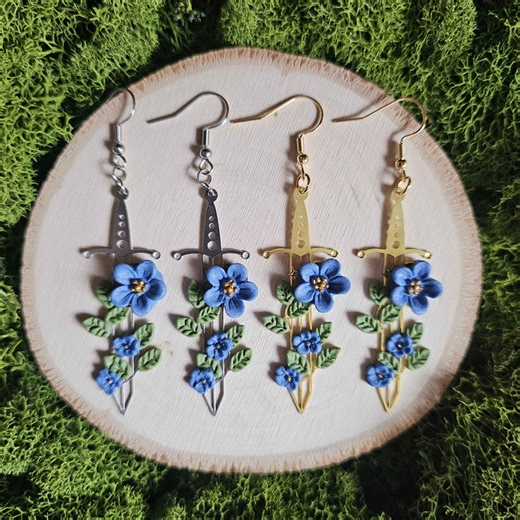 Light Blue Floral Sword Earrings Handmade Clay Renfaire Jewelry - Etsy