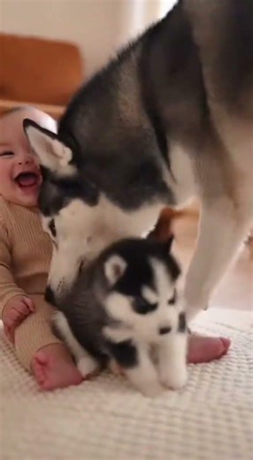 A giggling baby sits on a soft rug while a tiny Husky puppy howls playfully in front of them.