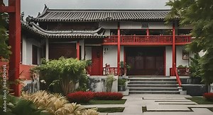 The outside of a Chinese house is calm and serene in slow motion