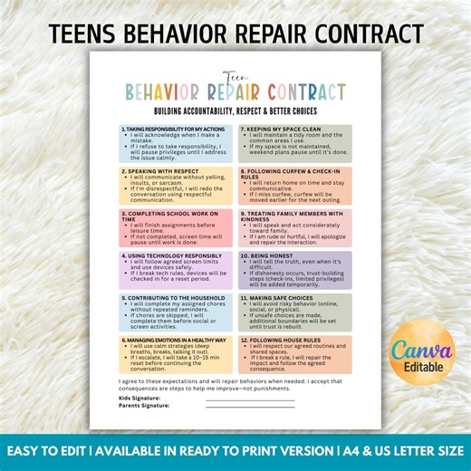 Editable Behavior Repair Contract for Teens, Behavior Agreement, Behavior Consequence, Behavior Management, Behavior Chart, Digital Download - Etsy