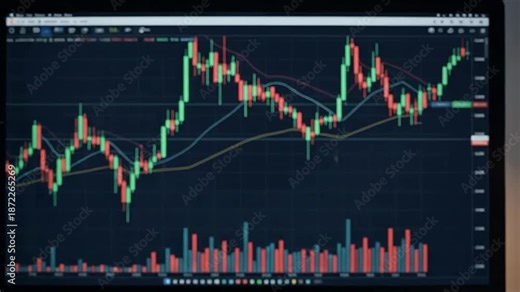 Workspace setup with computer displaying stock market chart, camera, and notebook on desk.
