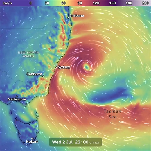 A powerful area of low pressure is set to hammer Australia’s east coast with winds over 100 km/h and up to 250 mm of rain. If the central pressure drops by 24 mb in 24 hours, it will qualify as a “bomb cyclone”. Flooding, power outages, and travel disruptions are likely. Latest wind gusts forecast: | Zoom Earth