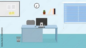 animated cartoon videos, animated videos depicting the concept of a workspace. Complete office space with desks, computers and other interiors.
