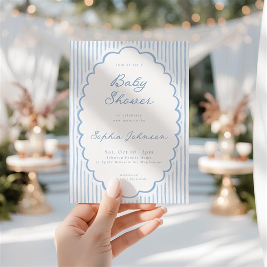 Nautical Baby Shower Invitation: Blue Striped, Scalloped Border (digital Download) - Etsy