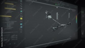 Connecting multiple machine parts in the professional detail production program. Connecting the machine parts to create central shafts blueprint. Connecting the industrial machine parts in 3D software