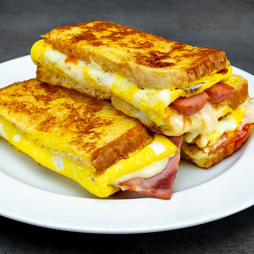 3 great breakfast ideas that everyone should know! Ingredients: butter: 20 g (0.7 oz) eggs: 1 pc milk: 30 ml (1 fl oz) toast bread: 3 slices processed cheese: 1 slices butter: 20 g (0.7 oz) sausages: 1 pc ham: 2 slices ketchup: 30 g (1.1 oz) butter: 20 g (0.7 oz) eggs: 1 pc milk: 30 ml (1 fl oz) processed cheese: 1 slices ketchup: 10 g (0.4 oz) butter: 20 g (0.7 oz) eggs: 1 pc milk: 30 ml (1 fl oz) processed cheese: 1 slices balsamic sauce: 5 g (0.2 oz) oregano: 5 g (0.2 oz) The salad: tomatoes: