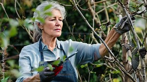 In a tranquil garden, an elderly woman carefully trims tree branches, showcasing her gardening skills. Her hands expertly prune the foliage as she enjoys a peaceful day outdoors.