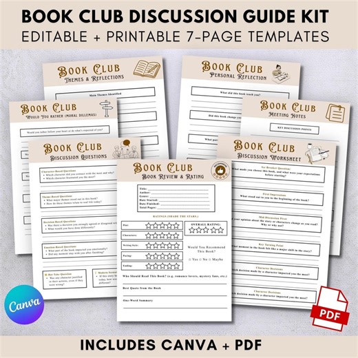 Editable Book Club Discussion Guide, Questions, Notes (canva PDF) - Etsy