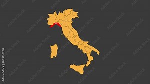 Liguria map animated video. Map Highlighted on the Itali map with animation and colour with Gray background in video format.