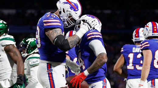 This massive Bills tackle uses size, power to blow defenders backwards in running game