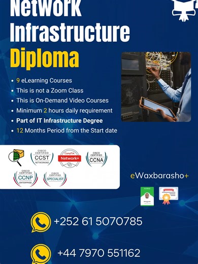 Hadii aad soo baratay labada xirfadood ee kala ah IT Support Pro iyo SysAdmin, waxaad diyaar u tahay inaad barato Xirfada Network infrastructure oo ah inaad noqoto Network Engineer buuxa ee dhisi kara Network yo dhamaystiran, cilad bixin kara netowk ga. waxaad u shaqaynkartaa shirkadaha isgaarsiinta iyo kuwa guud intaba Koorsooyinka aad ku baraneyso waxaa kamid ah Cisco Packet Tracer Training, Cisco Certified Support Technician (CCST) Networking, CompTIA Network , CCNA, iyo CCNP 🛒 Hadda Dalbo: 