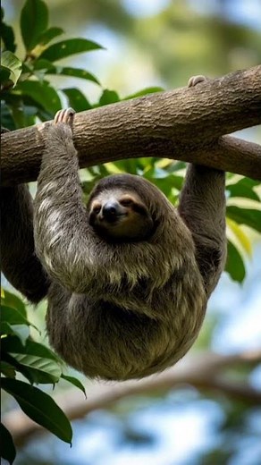 sloth hanging from a tree branch in slow-motion, soft ambient jungle soundscape