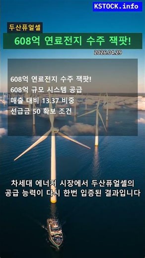 두산퓨얼셀, 608억 원 규모 연료전지 공급 계약 체결! 매출액 13% 넘는 대형 수주