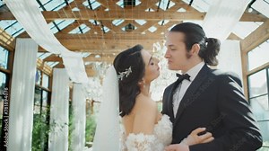 Happy bride and groom in wedding dress prepare for married in wedding ceremony. Romantic love of man and woman couple.