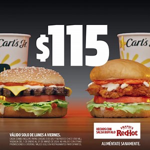 😋 ¡Sabor sin rival, 100% original! 🍔 Pide tu Buffalo Ranch Burger con carne 100% de res o Chicken Sandwich con tiras de pechuga de pollo por $115 pesos cada uno en combo. 🍔🍟🥤 Consulta términos y condiciones en www.carlsjr.com.mx #BuffaloRanch #FranksRedHot #CarlsJrMex 🍔⭐️ | Carl's Jr. México