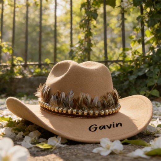 Boho Western Style Cowboy Hat with Feather and Bead Accents