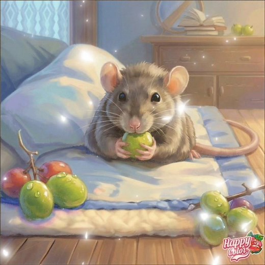 Colour with me, a mouse eating a grape in Happy Color App.