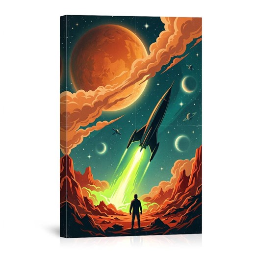Retro Space Travel Poster, Vintage Sci-Fi Wall Art, Martian Landscape Canvas Print, Mid-Century Rocket Aesthetic