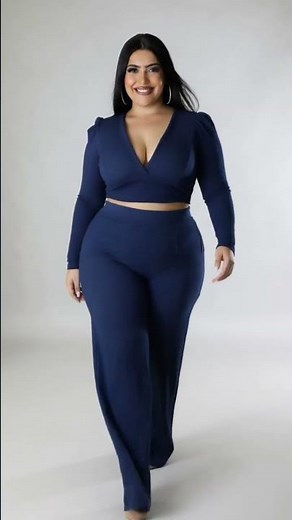 Plus Size Navy Blue Ribbed Crop Top & Wide Leg Pants Set | Elegant Curvy Look 💙✨