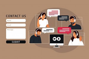 Premium Vector | Contact us form template for web. Video meeting of people group. Online meeting via video conference. Remote work, technology concept. Vector illustration in flat style.