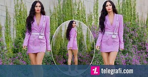 Megan Fox shows off her long legs wearing a pink jacket dress