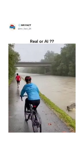 ❄️MR FACT on Instagram: "The post shares a 15-second video of a cyclist narrowly avoiding a large alligator on a flooded riverside path in rainy conditions, with workers in hi-vis gear using a pole to drag the reptile back into the water. From an account focused on animal content, the clip has exploded to 2.3 million views, drawing 144 replies mostly questioning its realism and labeling it AI-generated "trash" due to unnatural movements and improbable setting. Similar real-life alligator sightin