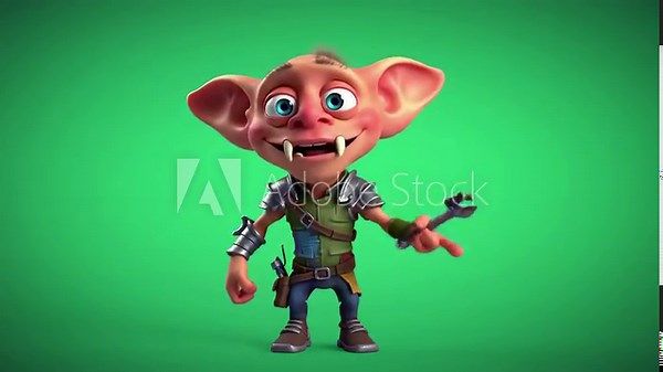 Cartoon elf or goblin character with large ears on a green screen.
