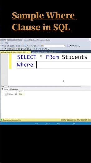 Sample Where Clause in SQL #sql #sqlserver #shorts